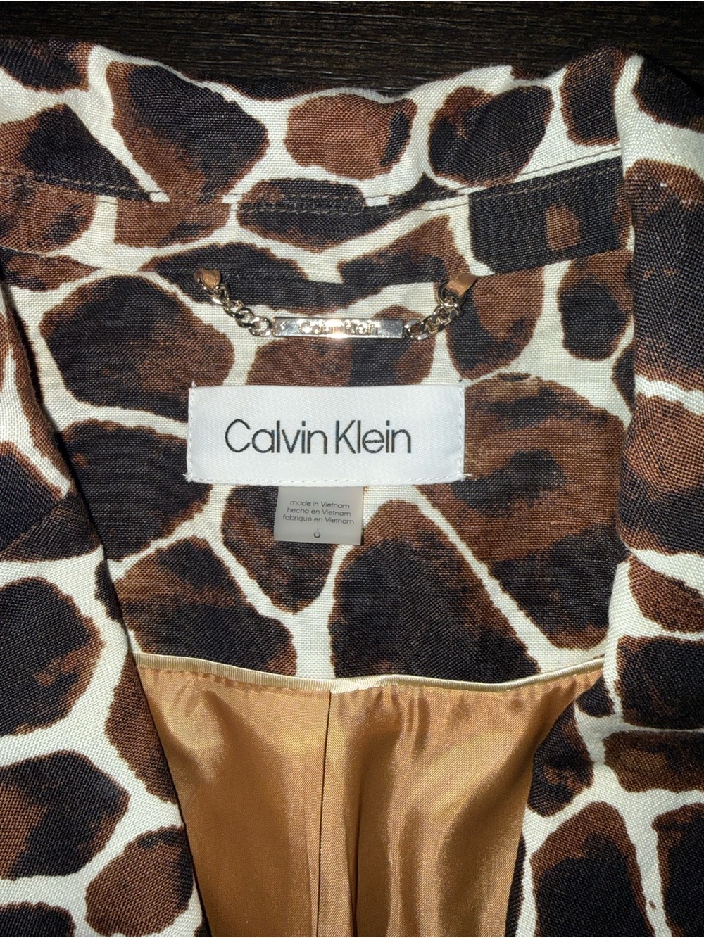 NWT Calvin Klein Brown Black Cream Giraffe-Print Sleeveless Blazer Linen Blend - Picture 4 of 6